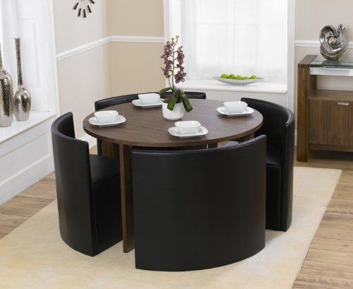 Oslo American Walnut Stowaway Dining Set With 4 Brown Chairs Co Uk Dp B Minimalist Room Table Design Space Saving Space Saving Dining Table, Small Round Walnut Dining Table And Chairs Set