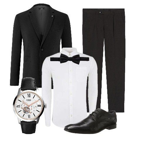 Giacca e pantalone nero con camicia bianca e papillon Giacca e pantalone nero con camicia bianca e papillon
