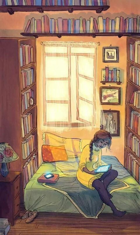 Strange. She has all those books surrounding her yet she's on an ereader and her phone is lit up?