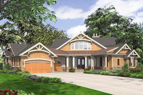 An eye-grabbing entry greets you to this dramatic Craftsman home plan designed in response to requests for larger versions of house plan 23252JD.A 2-story foyer and great room creates a unique bridge on the second floor separating the bedroom suites. Views from the bridge encompass the great room below.You\'ll find a large island in the kitchen which is open to the dining room with a coffered ceiling and access to the covered outdoor space in back.The master bedroom has views to the back that ...