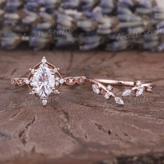 Vintage Oval Cut Moissanite Engagement Ring Set Delicate - Etsy