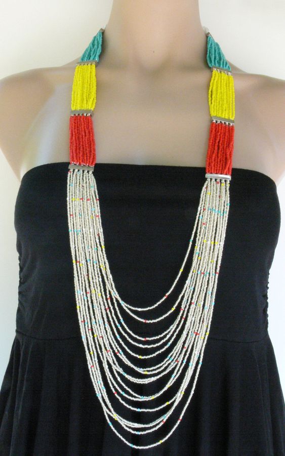 Handmade jewelry, Handcrafted colorful necklace, summer necklace, multi strand seed beads necklace, red, turquoise, yellow, white seed beads. $38.00, via Etsy.