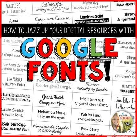 This blog post has a link to a table of my favorite Google Fonts to use in resources for my middle school students. Learn how to embed fun Google Fonts into your Google digital resources and grab this freebie table of my favorite fonts! #googlefonts #technologyintheclassroom #teaching