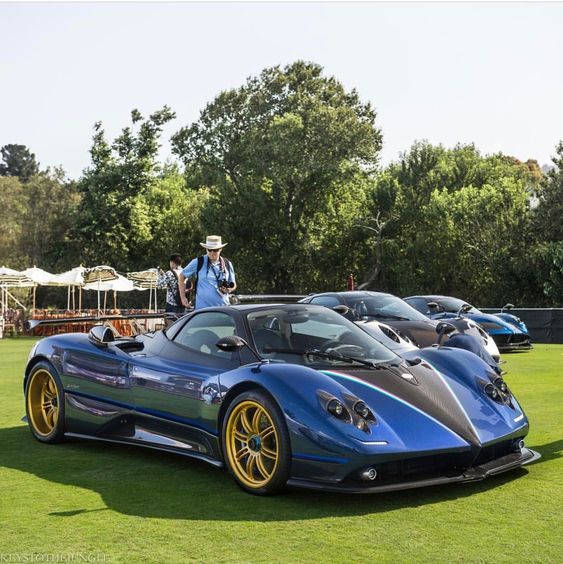 Pagani Zonda Tricolore made out of exposed Blue & Grey carbon fiber w/ Tricolore stripes and Gold wheels Photo taken by: @keystothejungle on Instagram Owned by: @dan_am_i on Instagram