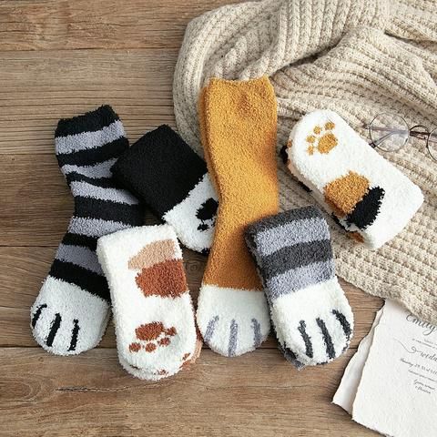 Women Cat Claw Coral Thickening Winter Warm Sock Cotton Middle stockings Socks