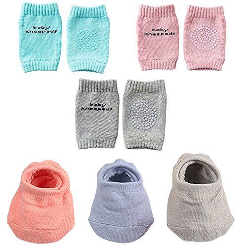 Kneepads and socks Baby Crawling Anti-Slip Knee Pads and Anti Slip Baby Socks Best Infant Gift,Unisex Baby Toddlers Kneepads 3 Pairs Soft Cotton Boys Girls Grip Crawling Socks 3 Pairs