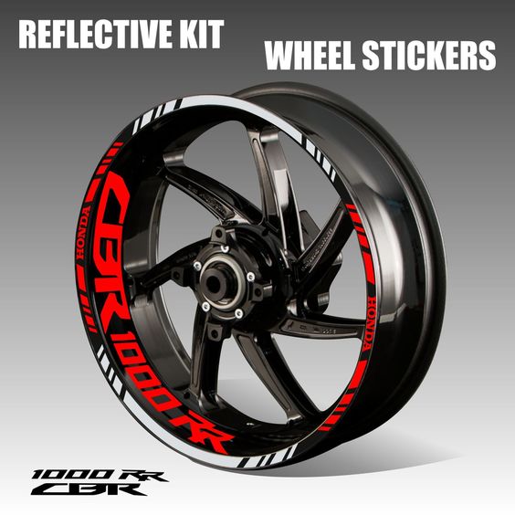 Motorcycle Wheel decals Wheel stickers Wheel stripes Felgenaufkleber Autocollants de janteBuy a full set of decals wheel for Honda CBR1000RR. Stickers for front and rear 17’’ rims wheel included.18 stickers in the disc rim 4 on each side of the motorcycle disc rim + 2 spare parts;10 logo decals for inner part of the wheel, of these:5 small on the front wheel (2 on each side) + 1 spare part, 5 large on the rear wheel (2 on each side) + 1 spare part.DETAILSThe wheel stickers are made of highqualit