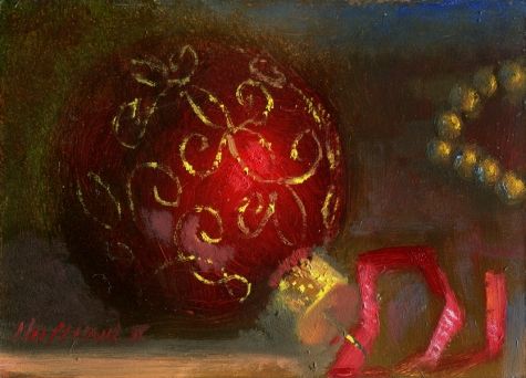Christmas Ornament with Gold Garland 5 7 in. Original Oil on panel, painting by artist Hall Groat II