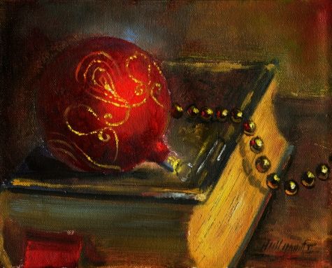 Christmas Ornament with Gold Garland 8x10 in, painting by artist Hall Groat II