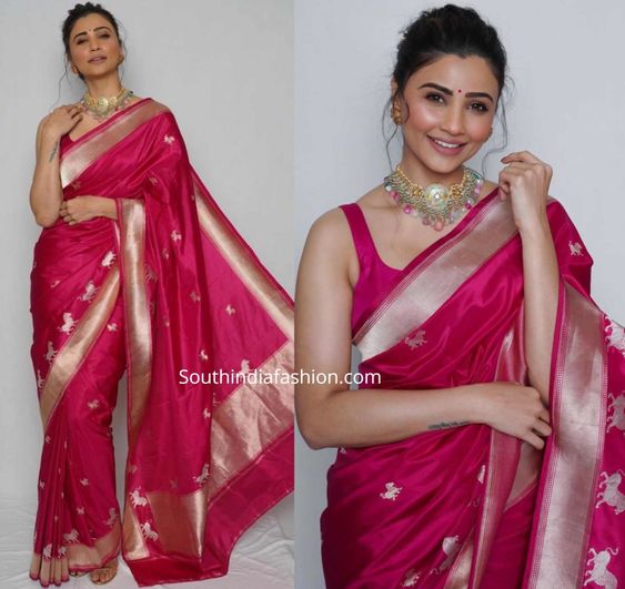 daisy shah in a pink banarasi silk saree 2 scaled