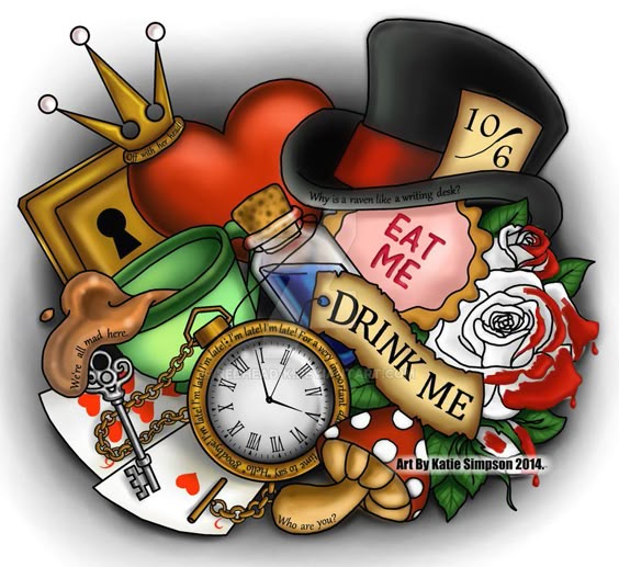 Wonderland is Copyrighted Katie Simpson 2014. This is "Wonderland" A tattoo idea I came up with. I decided to color it in and post here. I have had a few people ask me if they can use this design f...