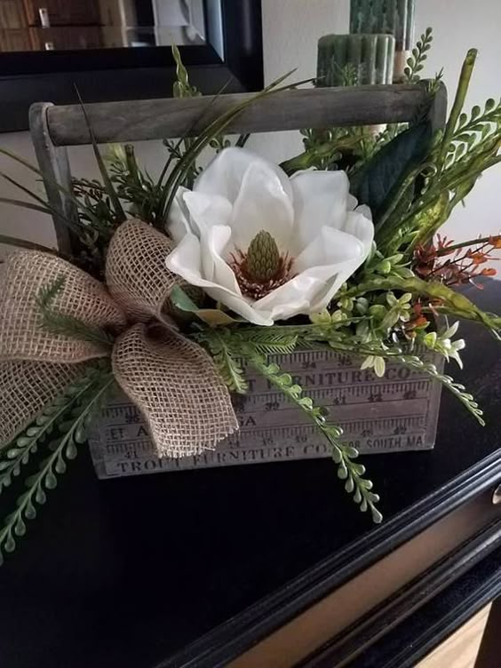 Vintage Tool Caddy with Magnolia, Vintage Centerpiece, Farmhouse Decor, Magnolia & Burlap Tool Caddy