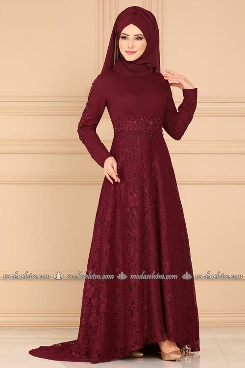 Modaselvim Abiye Dantelli Kuyruklu Abiye 5052ay342 Bordo Hijab Fashionista Dresses Fashion