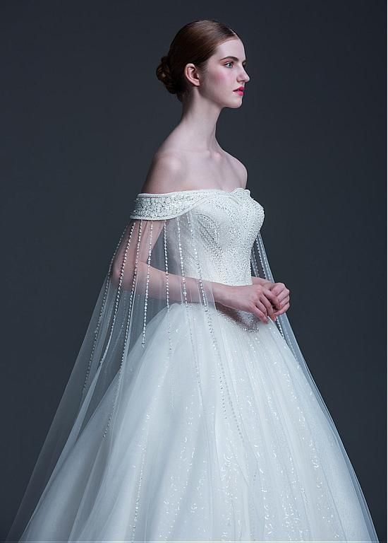Eye-catching Tulle & Sequin Tulle Off-the-shoulder Neckline Ball Gown Wedding Dress