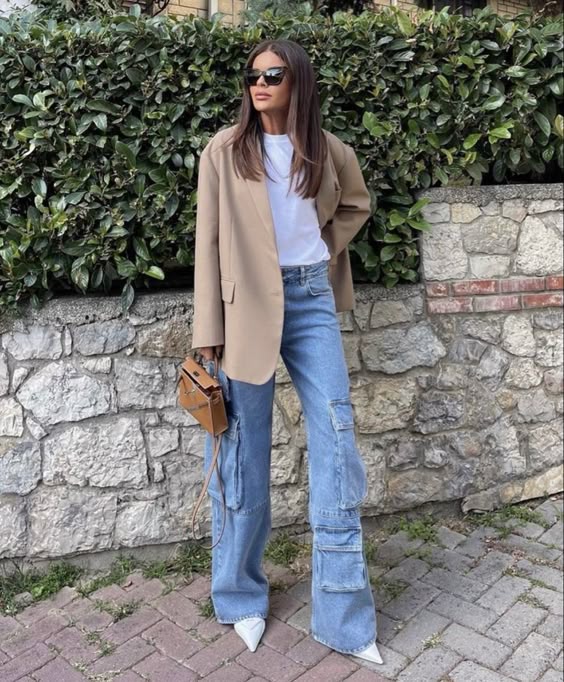 cargo pants outfit Denim Cargo Pants with Beige Blazer