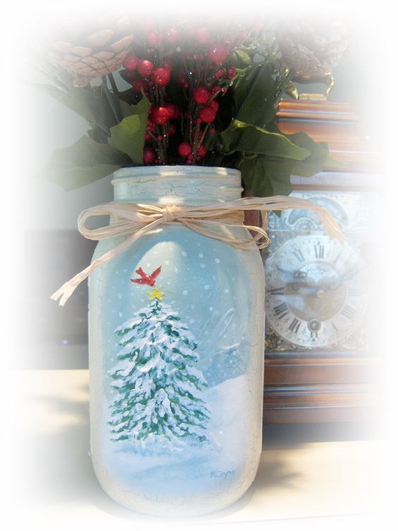 Hand-painted snowy Christmas mason jar by Marianne Coyne