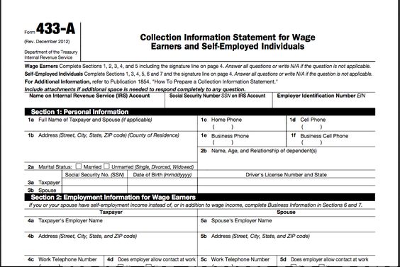 IRS Form 433-A Collection Information Statement for Wage Earners - social security administration form IRS Form 433-A Collection Information Statement for Wage Earners - social security administration form