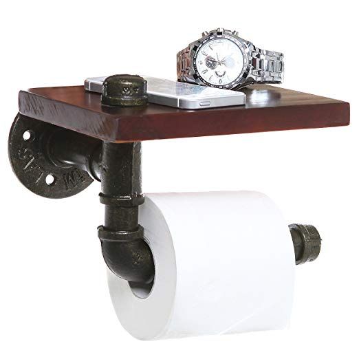MyGift Industrial Wall-Mounted Pipe Toilet Paper Holder with Rustic Wood Shelf