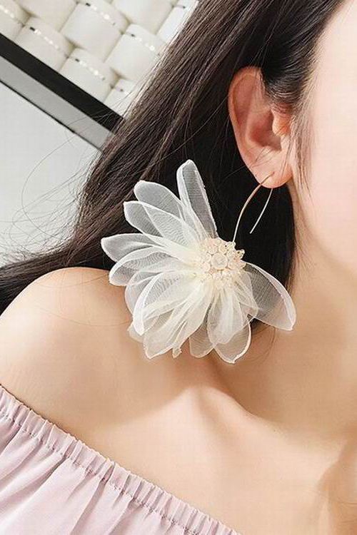 Flower earrings Aqua silk tassel flower with bow tulle