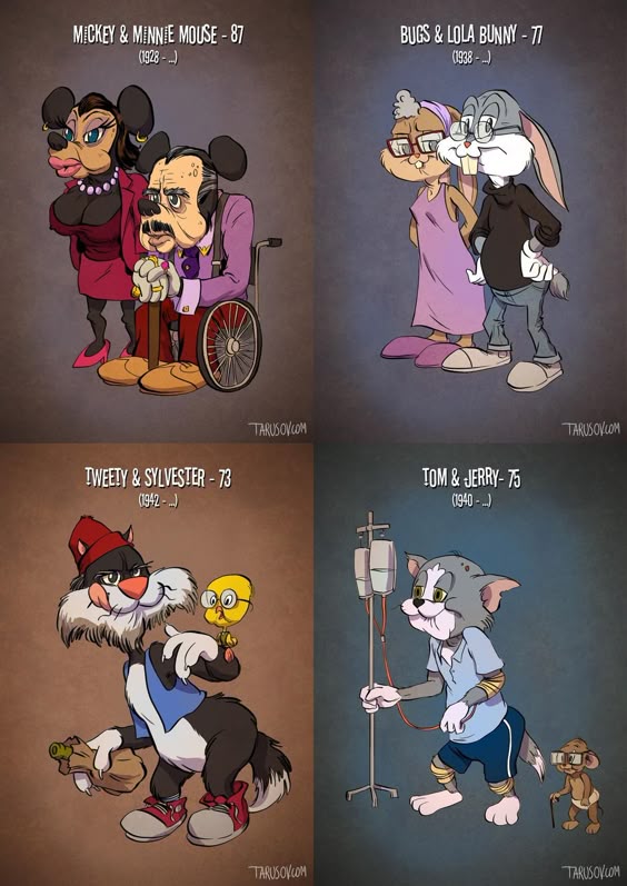 Artist Andrew Tarusov took the idea of aging and applied it to usually ageless characters like Wile E. Coyote, Road Runner, Tom, Jerry, Sylvester the Cat and Tweety Bird