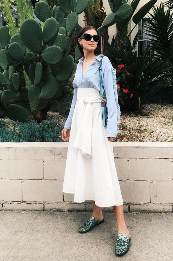 nyc summer outfits button-down tie waist skirt
