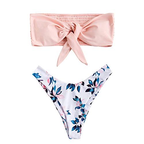 ZAFUL Bikini Set Bandeau Femme Coupe Haute Maillot de Bains 2 pièces Noeud de Cravate Imprimé Floral sans Bretelles Vintage
