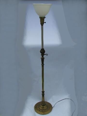 Vintage Torch Flame Solid Brass Torchiere Floor Lamp Original Stiffel Glass Diffuser Shad Antique Lamps With Shelves Antique Brass Floor Lamp, Vintage Torch Lamp Shade