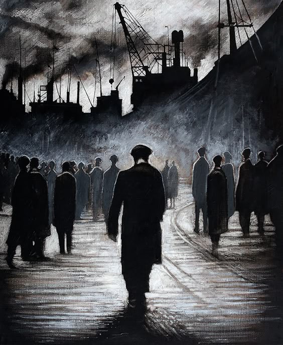 The Forgotten Workers. Painting by Ryan Mutter who has built up a strong reputation as painter of industrial scenes.