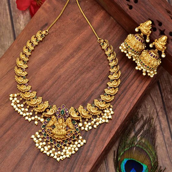 Antique Kempu Lakshmi devi Guttapusalu Necklace Set 113128 – Violet & Purple Designer Fashion Jewellery