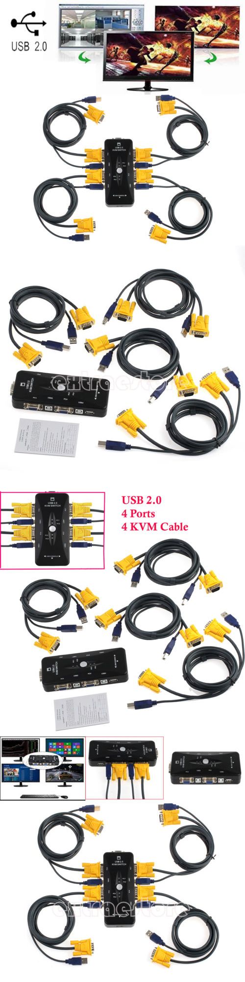USB 2.0 4 Port Monitor SVGA VGA KVM Switch Box 4 Cables for PC Keyboard Mouse
