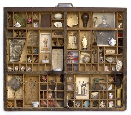 Cemeteries Ghosts Graveyards Spirits: An old printer's type tray employed as a hanging Ancestor Altar.