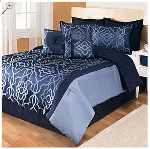 8 Piece Blue Black Comforter Set Bed Full Queen King Size Bedspreads Bedding Sets Bedding Sets Black Comforter, Navy King Size Bedding