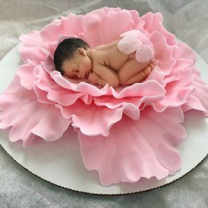 Christening Baby girl fondant sleeping baby Handmade Edible baby shower cake topper Baptism Pink Ruffle baby baby Flower headband