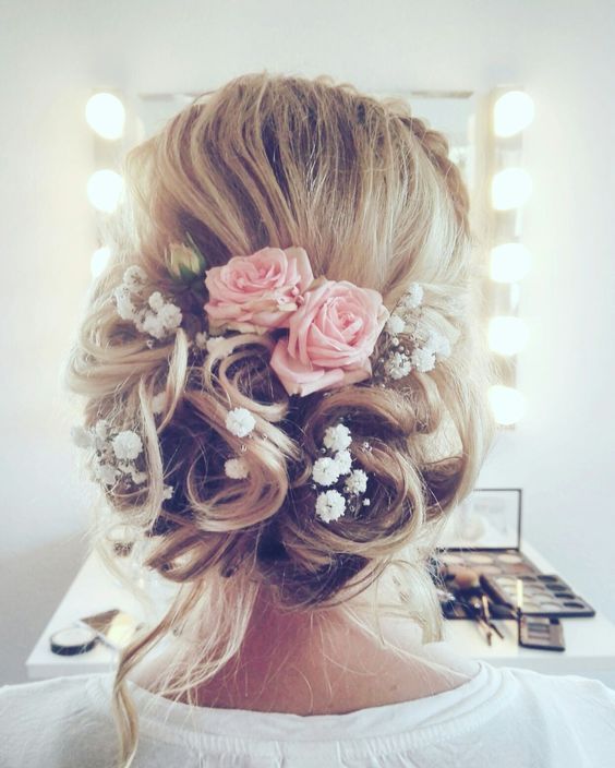 Rustic Vintage Updo Wedding Hairstyle With Blush Pink Roses