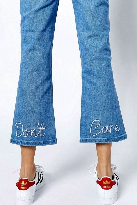 No matter where you go this season, you're bound to run into multiple pieces with embroidered details, especially bomber jackets and T-shirts. We were already obsessed with embroidered jeans, but recently discovered a pair with a cheeky message embroidered into the back of the legs that made us laugh: Don't care.