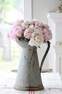 #Pink #peonies in tin watering can