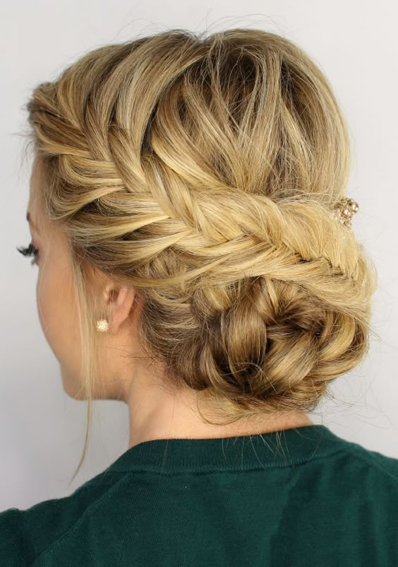 a8fd7eace5d31c386bdbe9af34b76d19 Waterfall braid side swept bun hairstyle social ornament