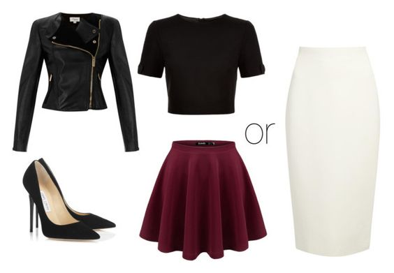 "Black leather jacket + skirt" by thisisthelife4 on Polyvore featuring Temperley London, Donna Karan, Ted Baker and Jimmy Choo