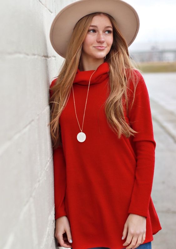 Randi Soft Cozy Cowl Neck - Red 95% Polyester, 5% Spandex Model Info Moran is 5\'11" wearing a small.