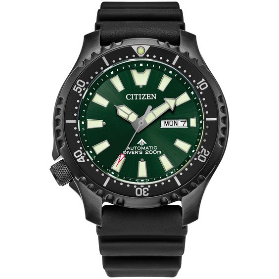 The past becomes the present with the new Promaster Dive Automatic men’s watch by Citizen. Going deeper into the history of the original version of this diving watch, it was released in 1989 for the new generation of dive watch enthusiasts. A design element that stands out is the distinctive, serrated bezel design that was inspired by a fugu, the Japanese name for pufferfish. Featuring a 3-piece, 44mm case, sapphire crystal, and a black polyurethane strap, the black rotating bezel with a black e