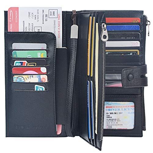 RFID Blocking Travel Wallet Leather Passport Holder Family Travel Document Organizer Black