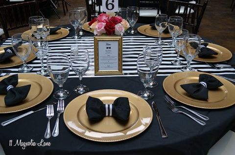 Black And White Bowtie Ball Dinner Party Table Settings Birthday Tables Gold Setting Birthday Party Tables, Black White And Gold Table Set Up