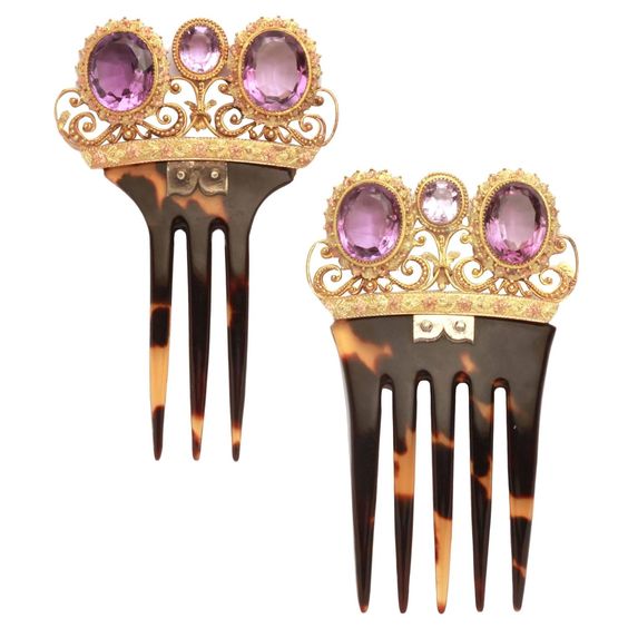 Victorian Amethyst Gold Tortoise Hair Combs | From a unique collection of…