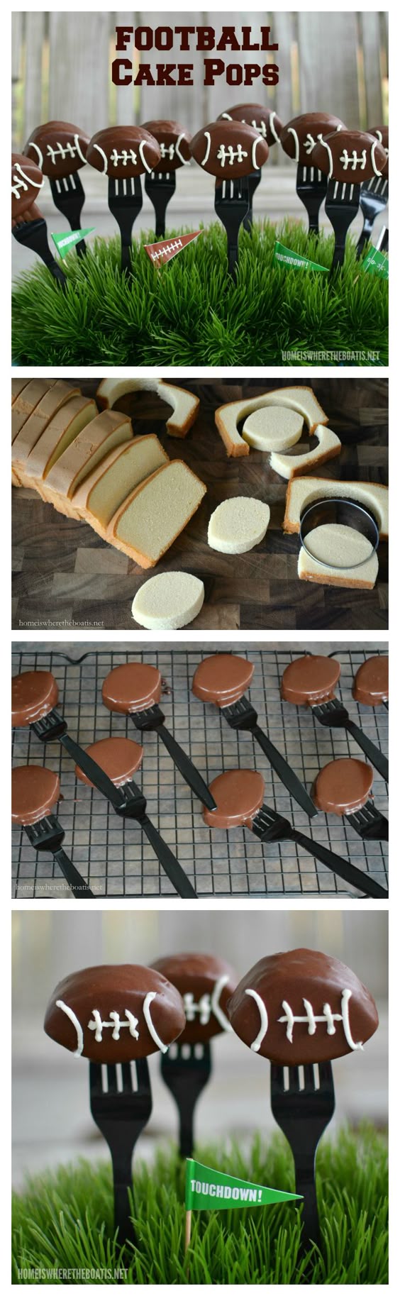 Football Cake Pops! A sweet ending to your game day line of football food! | homeiswheretheboatis.net #superbowlfood #footballfood