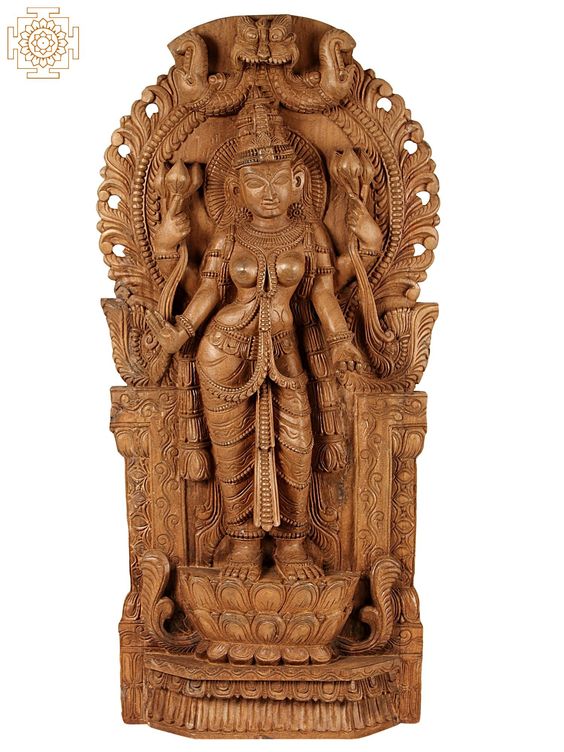 Wooden Panel - 36" Large Wooden Standing Devi Lakshmi on Lotuse | Wall Panel