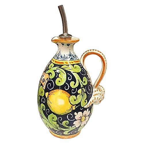 Italian Ceramic Art Pottery Dispenser Set Oil Cruet Vinegar Decorated Three Lemons Tuscany Hand Painted Made in ITALY CERAMICHE DARTE PARRINI