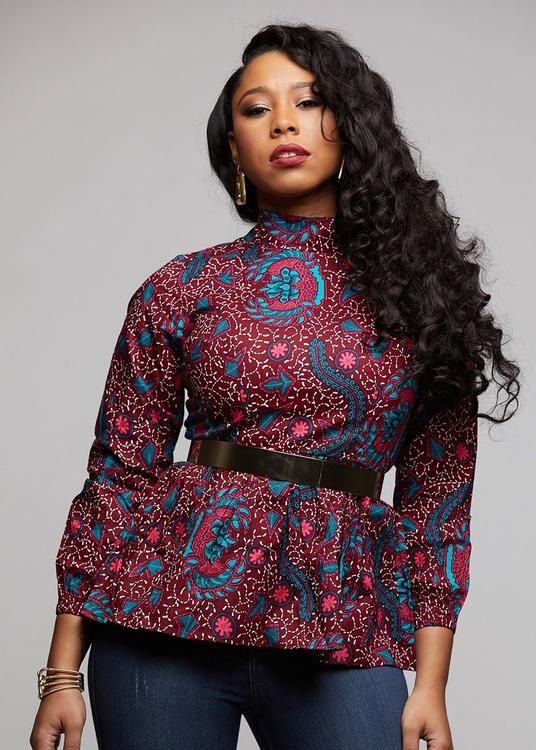 Subira African Print Peplum With Bowtie Pink Teal Ditsy Clearance African Print Tops Modern African Clothing African Print Fashion Dresses