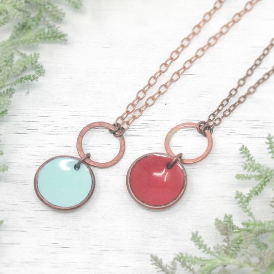 Necklace with enameled penny suspended on ring, on chain. The chain length is adjustable from 16 to 18"Pendant measures1.25"Penny jewelry is a great copper anniversary gift.Many buy my enamel penny jewelry as a "pennies from heaven" gift, to remember a loved one.You can order these with a custom date (between 1940 and 1982) buy adding this custom date upgrade here