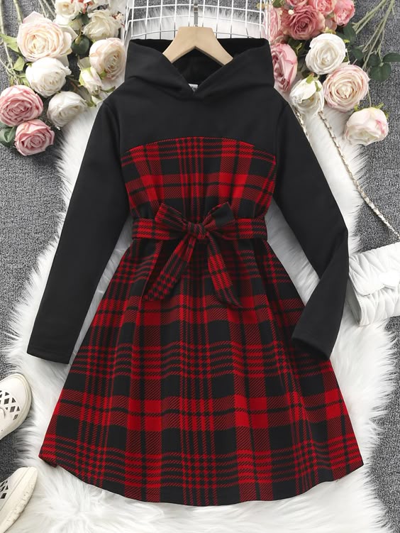 Multicolor Casual Collar Long Sleeve Fabric Plaid A Line Embellished Slight Stretch Girls Clothing