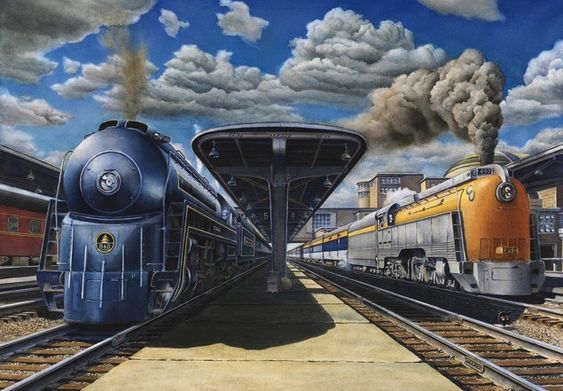 In the late 1940’s, due to significant post war backorders of diesel and modernized passenger equipment, The B Railroad, along with rival C Railroad, streamlined a few steam locomotives and upgraded existing passenger equipment in an effort to boost rail traffic. This limited edition train print showcases the B 4-6-2, P7 #5301 (The Cincinnatian) alongside the C 4-6-4 L1 Hudson #490 (The George Washington) at Cincinnati Union Terminal.